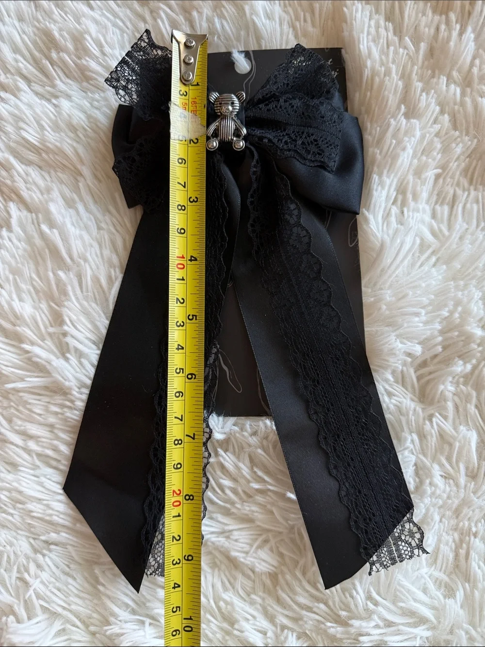 NWT Black Ribbon and Lace Bow Hair Clip with Silver Teddy Accent